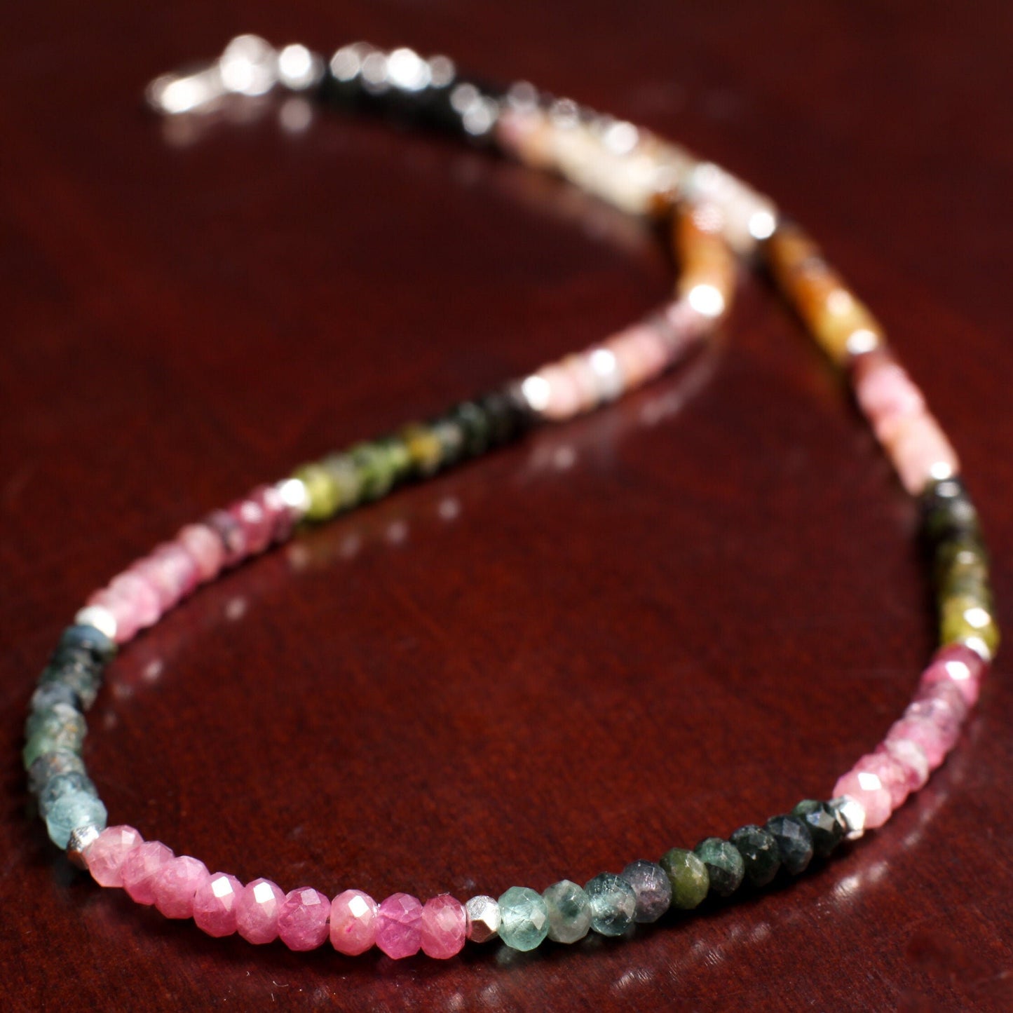 Natural Multi Watermelon Tourmaline 4mm Faceted Rondelle Necklace in 925 Sterling Silver Clasp, Healing, Energy, Chakra, Precious Gift