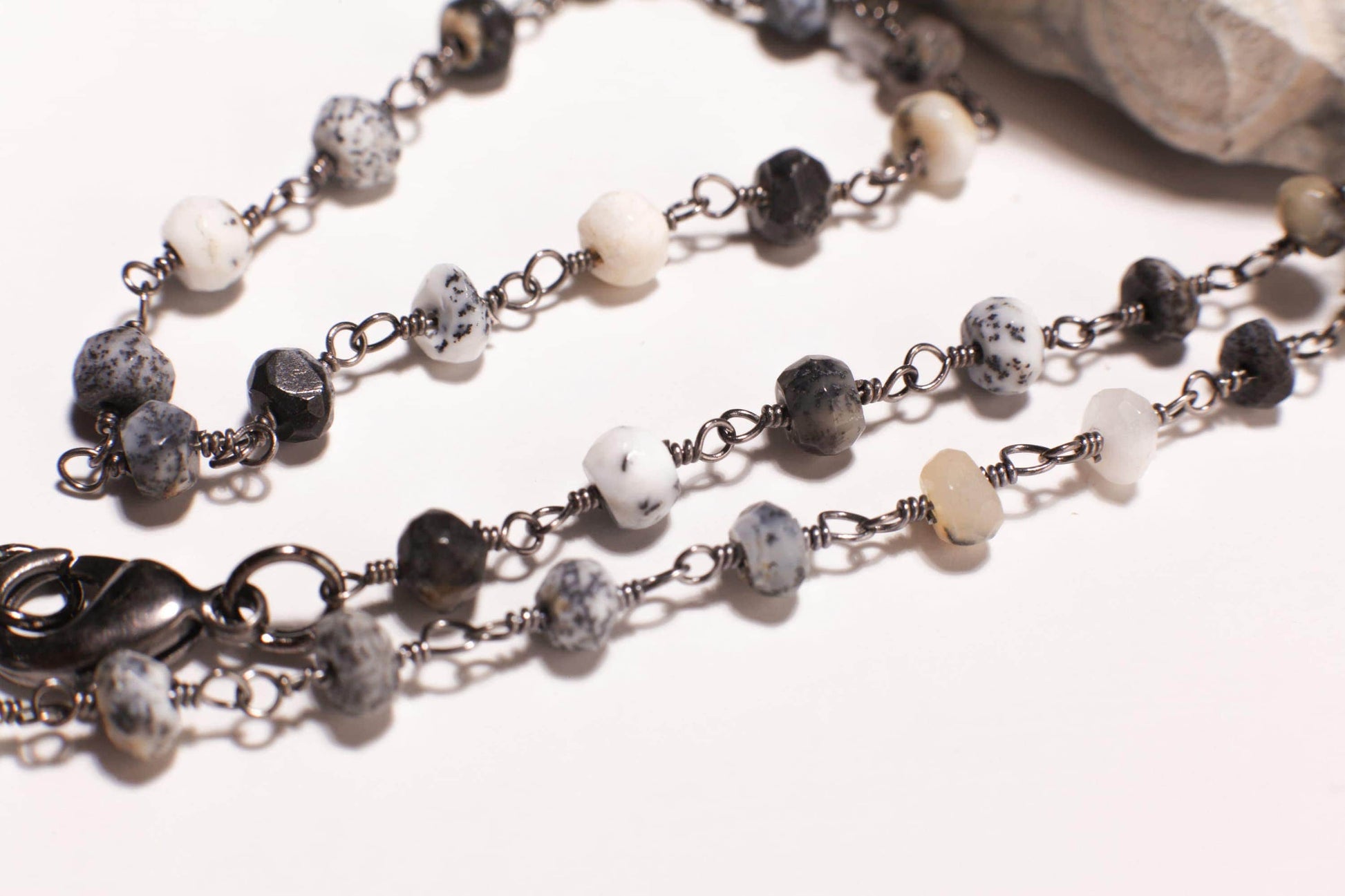 Natural Dendritic Opal, Silver Oxidized Faceted Natural Opal 4mm Chain High Quality Layering, Choker, Layering Finished Necklace with Clasp