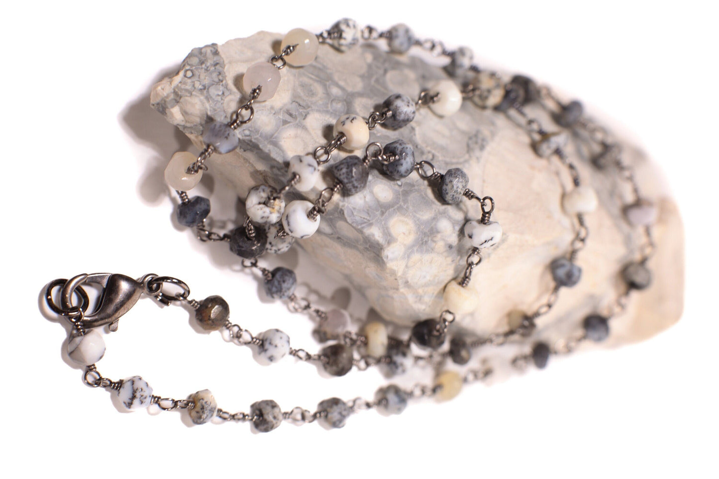 Natural Dendritic Opal, Silver Oxidized Faceted Natural Opal 4mm Chain High Quality Layering, Choker, Layering Finished Necklace with Clasp