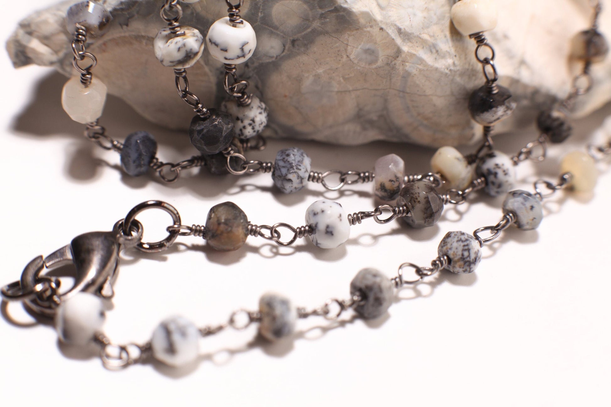 Natural Dendritic Opal, Silver Oxidized Faceted Natural Opal 4mm Chain High Quality Layering, Choker, Layering Finished Necklace with Clasp