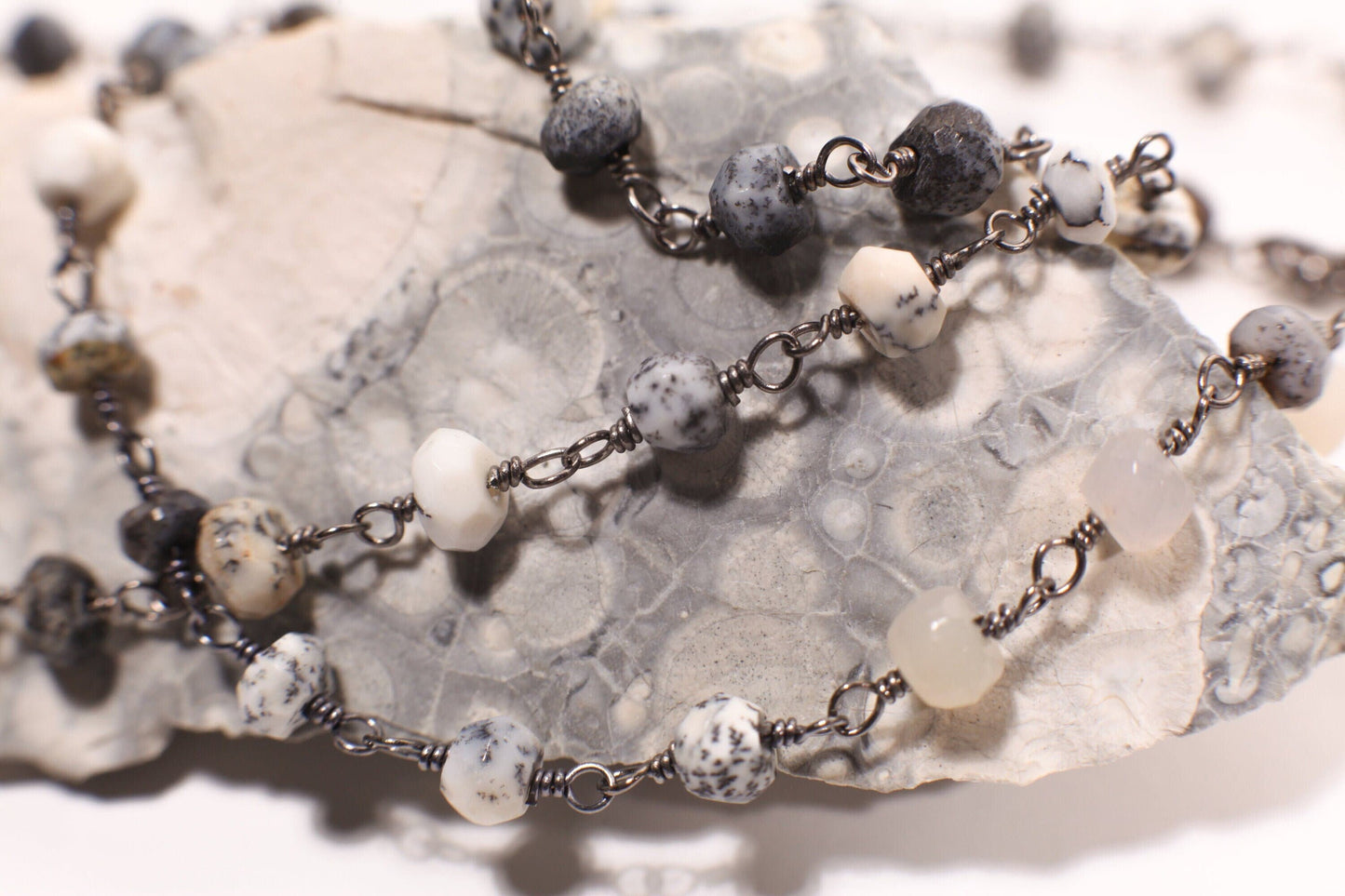 Natural Dendritic Opal, Silver Oxidized Faceted Natural Opal 4mm Chain High Quality Layering, Choker, Layering Finished Necklace with Clasp