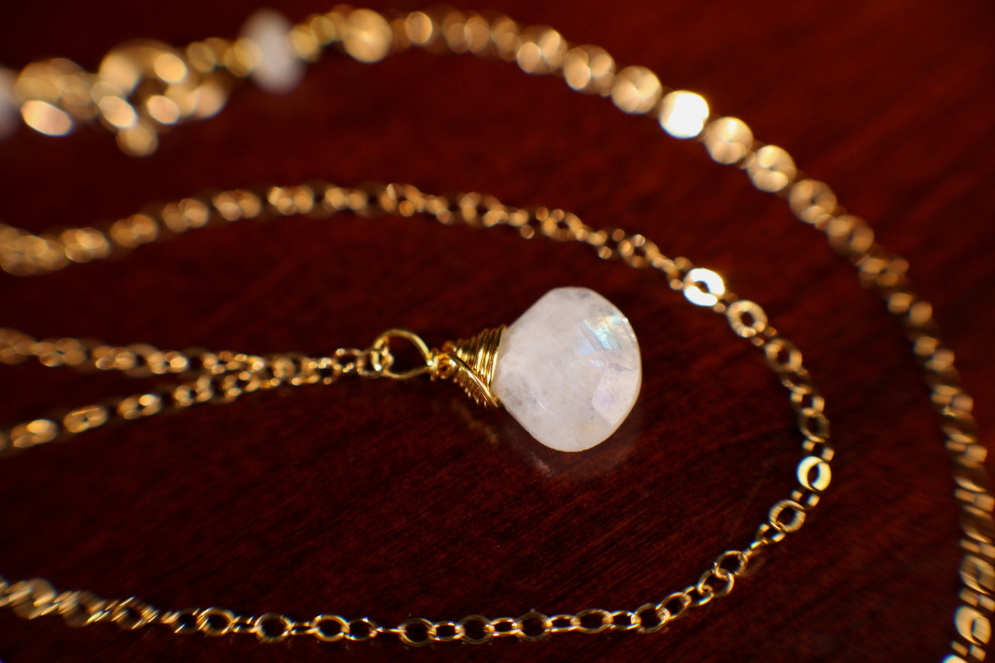 Rainbow Moonstone Faceted Heart Briolette Teardrop Wire Wrapped AAA Quality Cut Gems in 14K Gold Filled Necklace