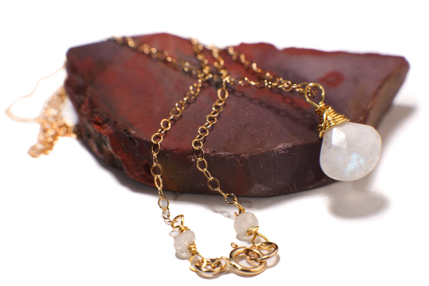 Rainbow Moonstone Faceted Heart Briolette Teardrop Wire Wrapped AAA Quality Cut Gems in 14K Gold Filled Necklace