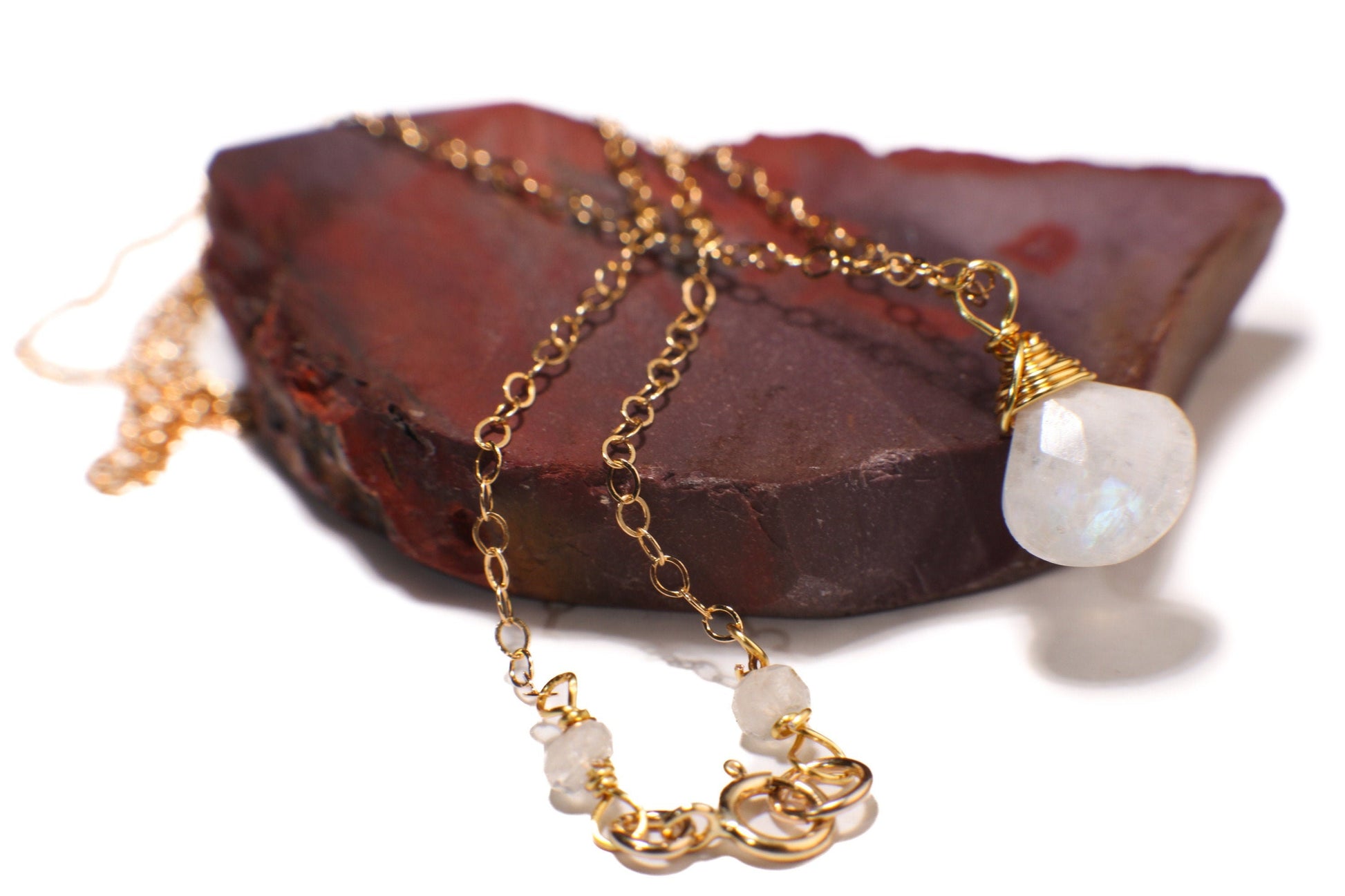 Rainbow Moonstone Faceted Heart Briolette Teardrop Wire Wrapped AAA Quality Cut Gems in 14K Gold Filled Necklace