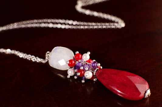 Rainbow Moonstone Bezel, Ruby Jade Long Teardrop 15x30mm , Pearl, Ruby Quartz, Amethyst Clusters Wire Wrapped 925 Sterling silver Necklace