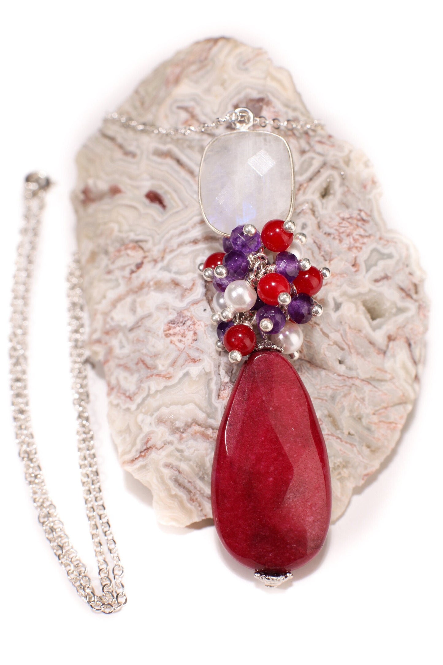 Rainbow Moonstone Bezel, Ruby Jade Long Teardrop 15x30mm , Pearl, Ruby Quartz, Amethyst Clusters Wire Wrapped 925 Sterling silver Necklace