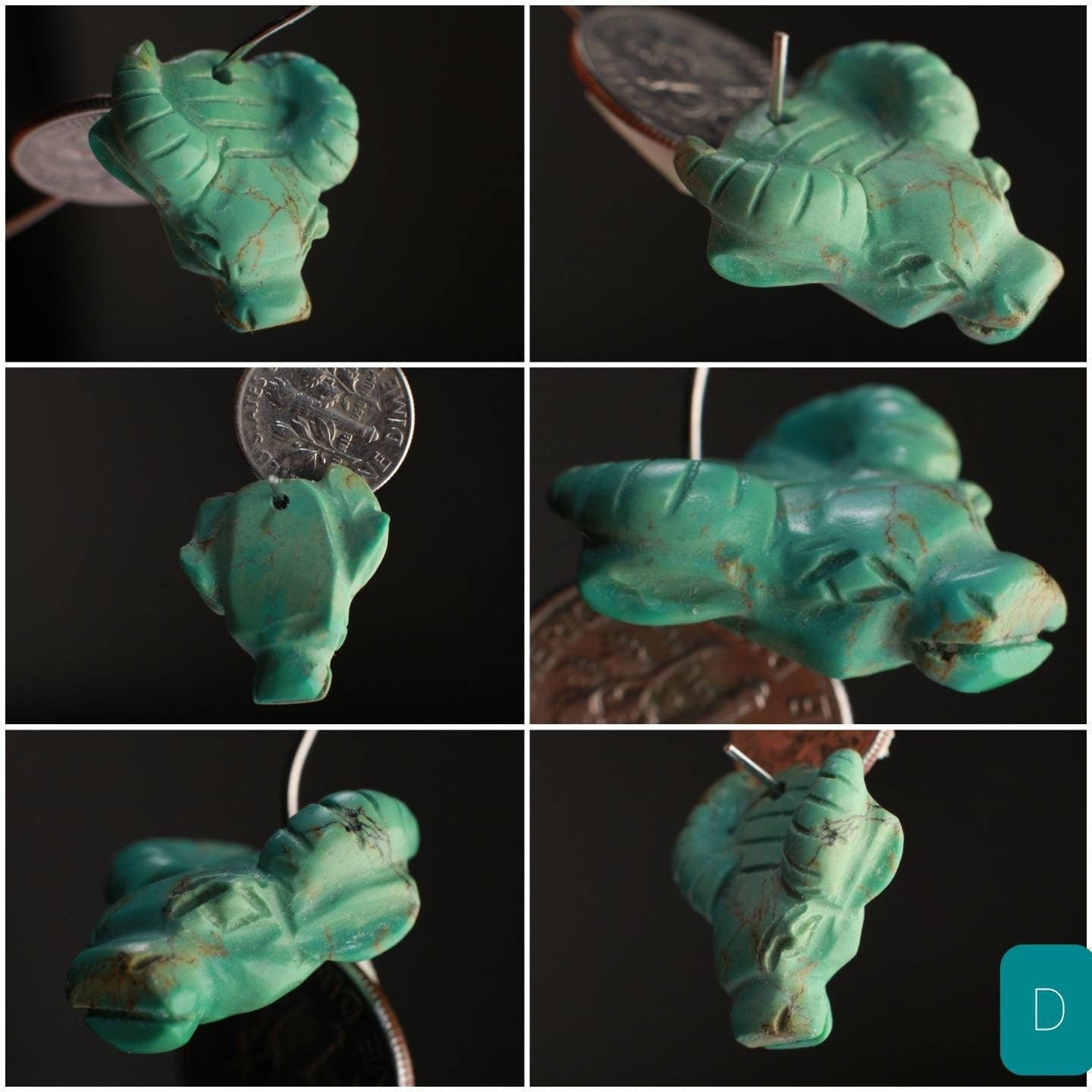 Natural Turquoise Hand Crafted Bull Long Horn Charm, Top Drilled, Miniature Animals Collectible Figurines Vintage Sculpture, Old Stock