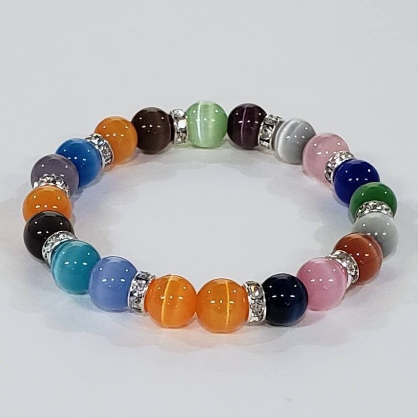 Multi color Cat's Eye 8mm round stretchy 6" bracelets with rhinestone sparkly roundel. Beautiful summer Beach Boho summer gift for her