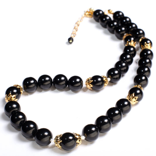 Black Onyx 12mm Round Beads with Freshwater Pearl Spacer Beads and 18K Gold Plated 20&quot; Necklace and 2&quot; Extension