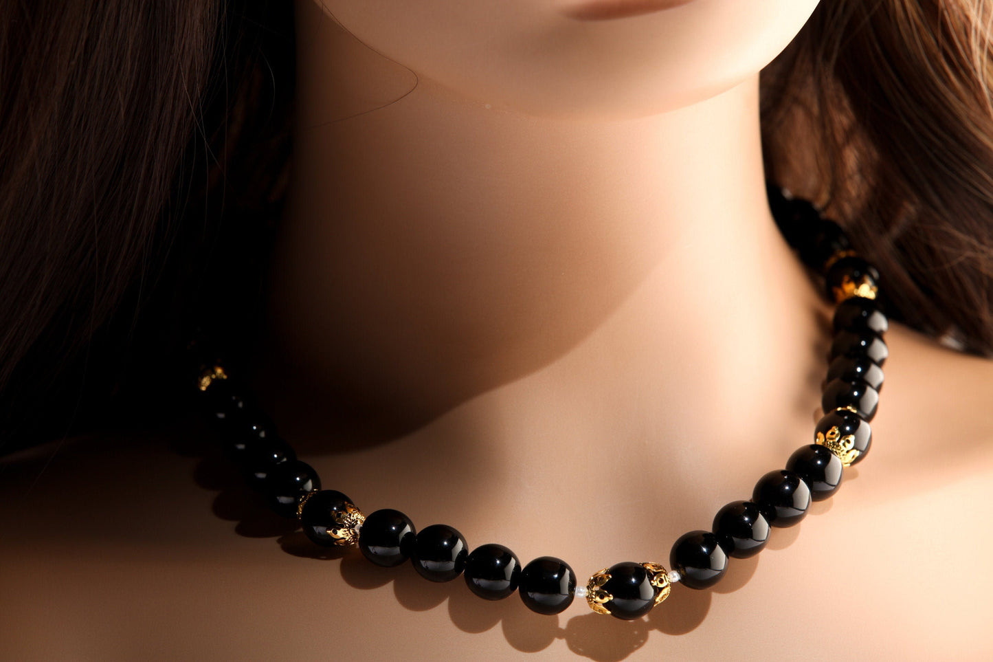 Black Onyx 12mm Round Beads with Freshwater Pearl Spacer Beads and 18K Gold Plated 20&quot; Necklace and 2&quot; Extension