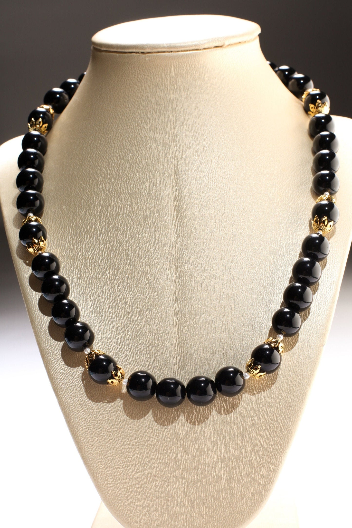 Black Onyx 12mm Round Beads with Freshwater Pearl Spacer Beads and 18K Gold Plated 20&quot; Necklace and 2&quot; Extension