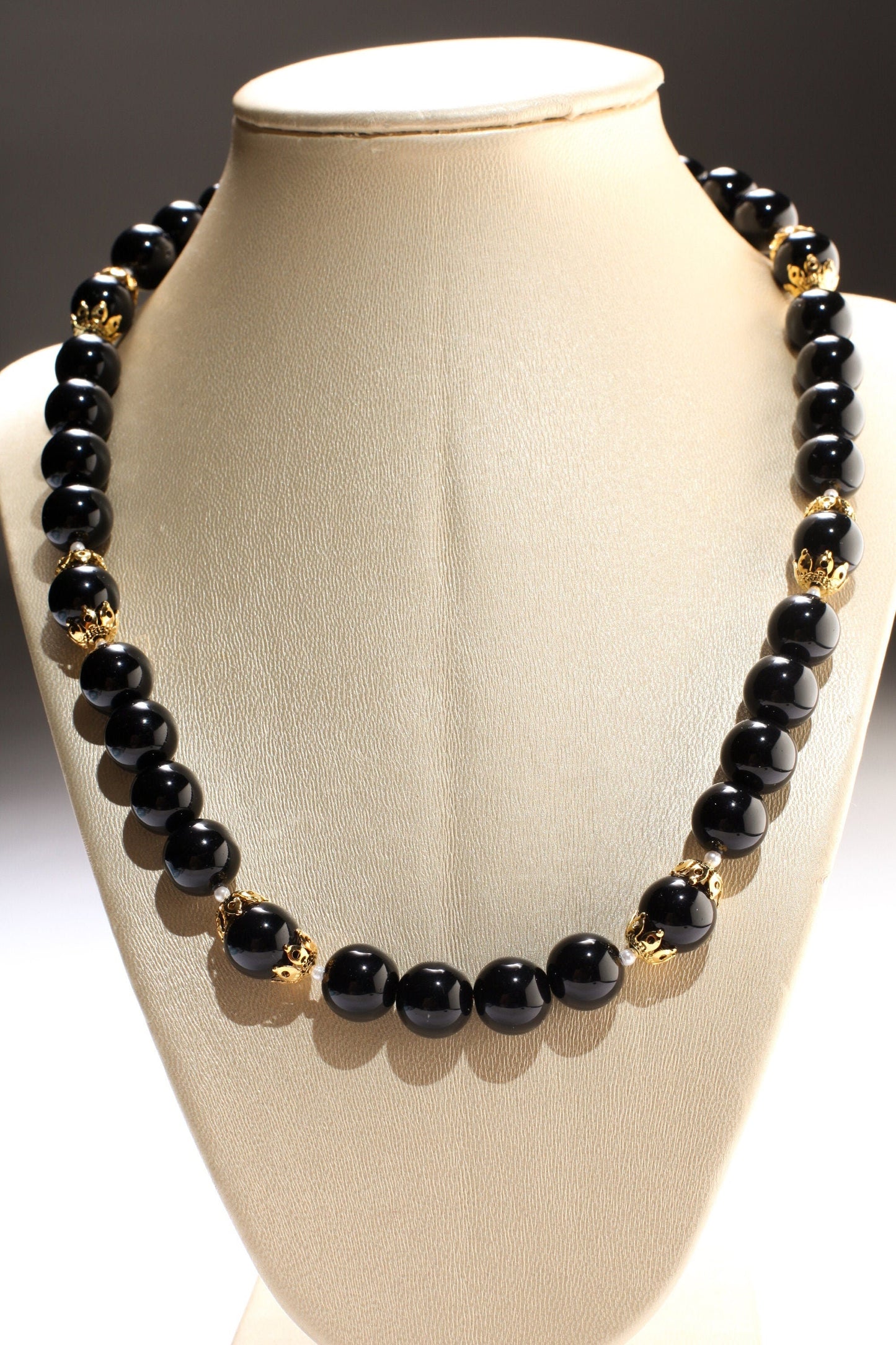 Black Onyx 12mm Round Beads with Freshwater Pearl Spacer Beads and 18K Gold Plated 20" Necklace and 2" Extension