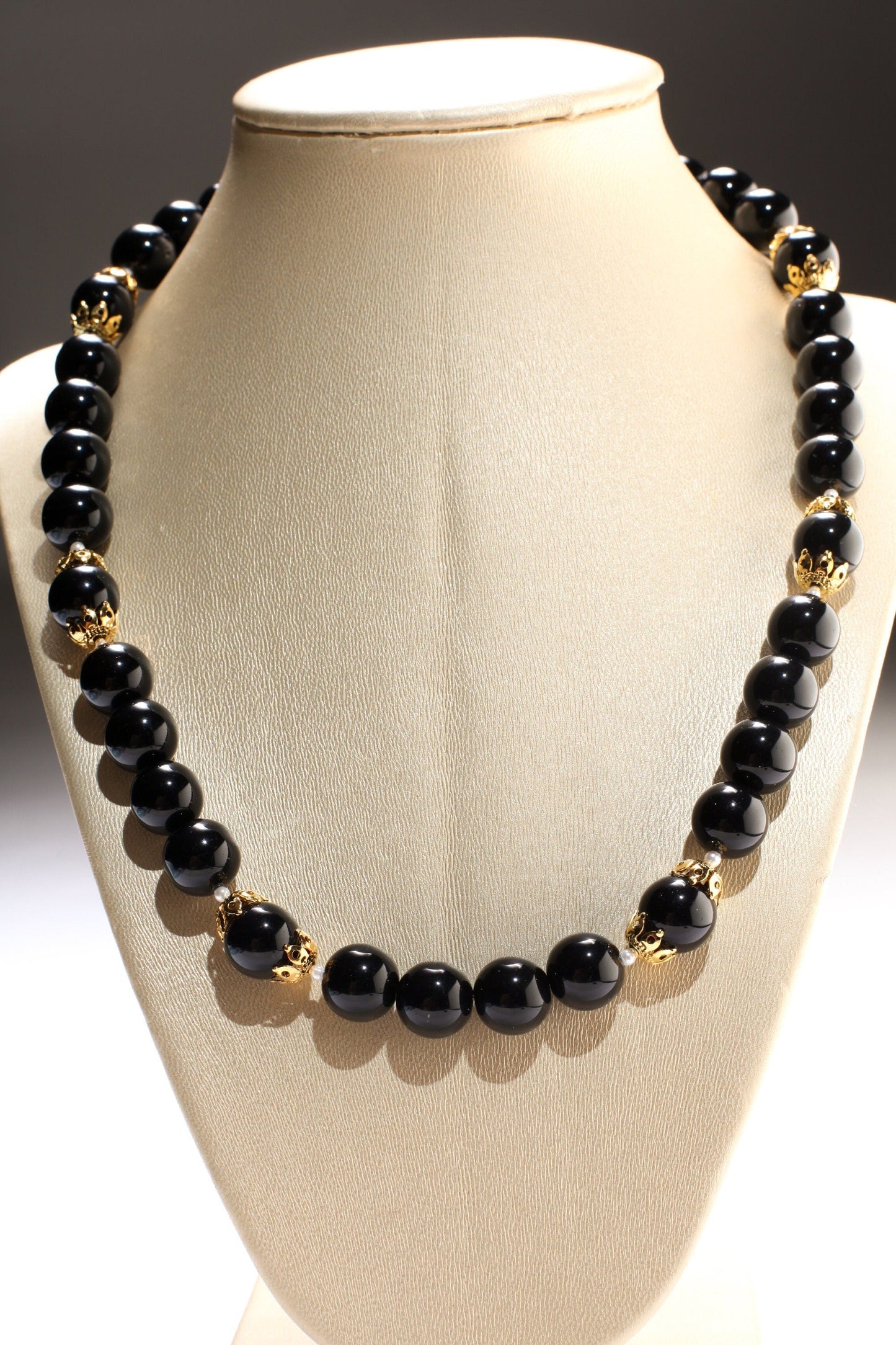 Black Onyx 12mm Round Beads with Freshwater Pearl Spacer Beads and 18K Gold Plated 20" Necklace and 2" Extension