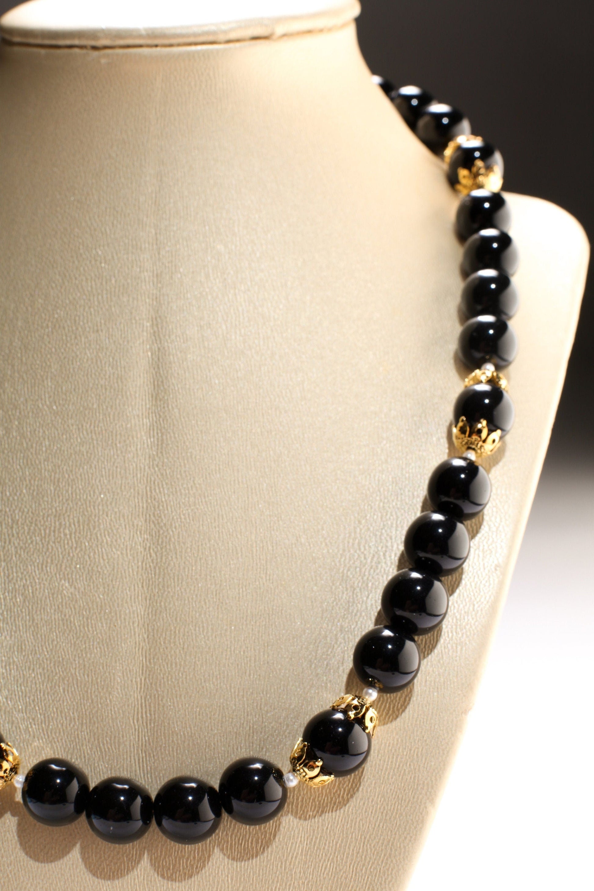 Black Onyx 12mm Round Beads with Freshwater Pearl Spacer Beads and 18K Gold Plated 20&quot; Necklace and 2&quot; Extension