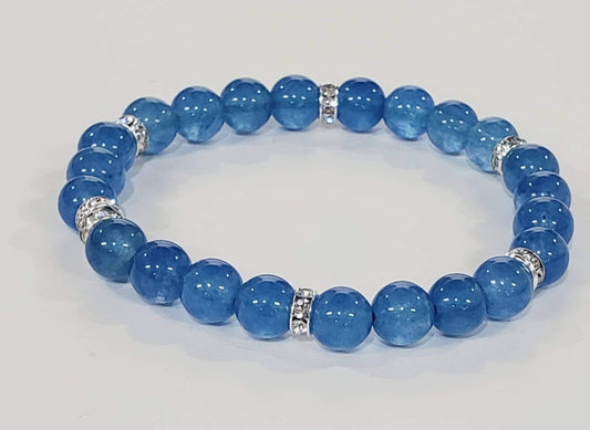 Natural Blue Quartz 8mm smooth round bead accents with sparkly rhinestones roundel stretchy Bracelet. something blue for her, gift