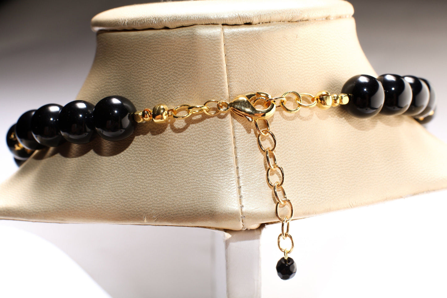 Black Onyx 12mm Round Beads with Freshwater Pearl Spacer Beads and 18K Gold Plated 20&quot; Necklace and 2&quot; Extension