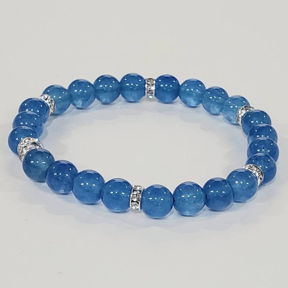 Natural Blue Quartz 8mm smooth round bead accents with sparkly rhinestones roundel stretchy Bracelet. something blue for her, gift