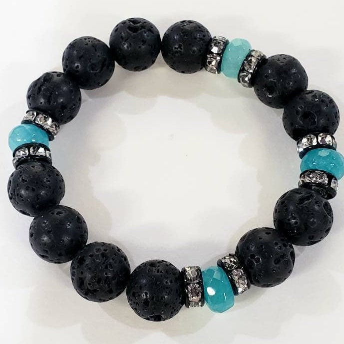 Natural lava 10mm round bead accent with ocean blue quartz and rhinestones roundel stretchy Bracelet. Healing crystal Chakra gift .