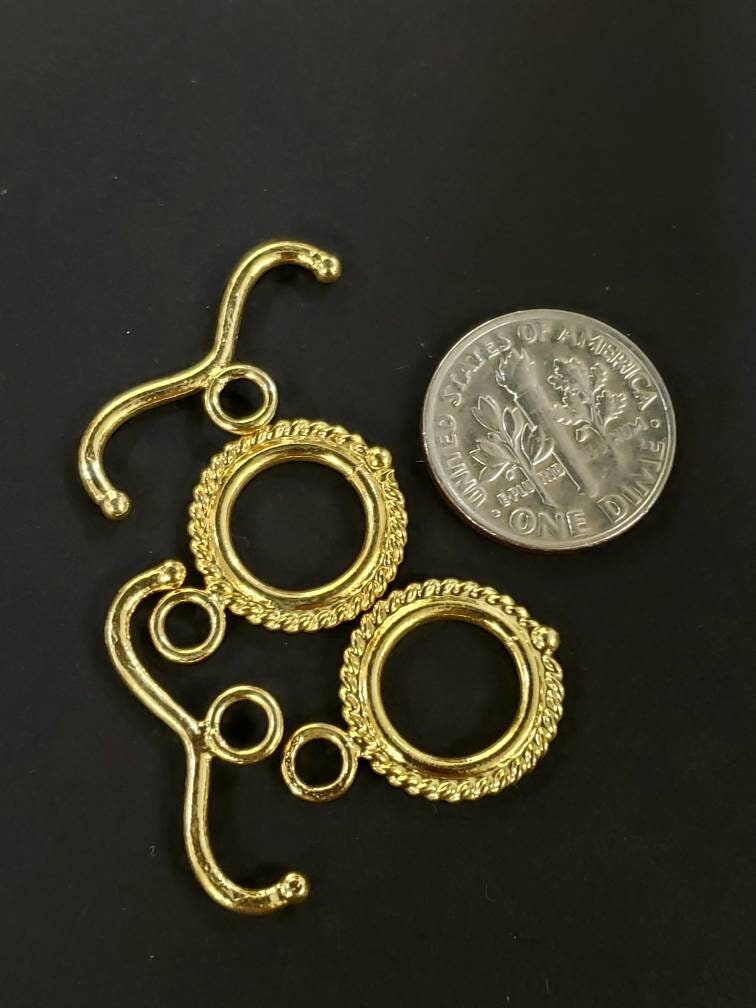 22K Gold Vermeil 925 Sterling Silver Bali fancy Toggle Clasp, 15mm circle, 26mm bar. Vintage Handmade Antique clasp, 1 set or bulk