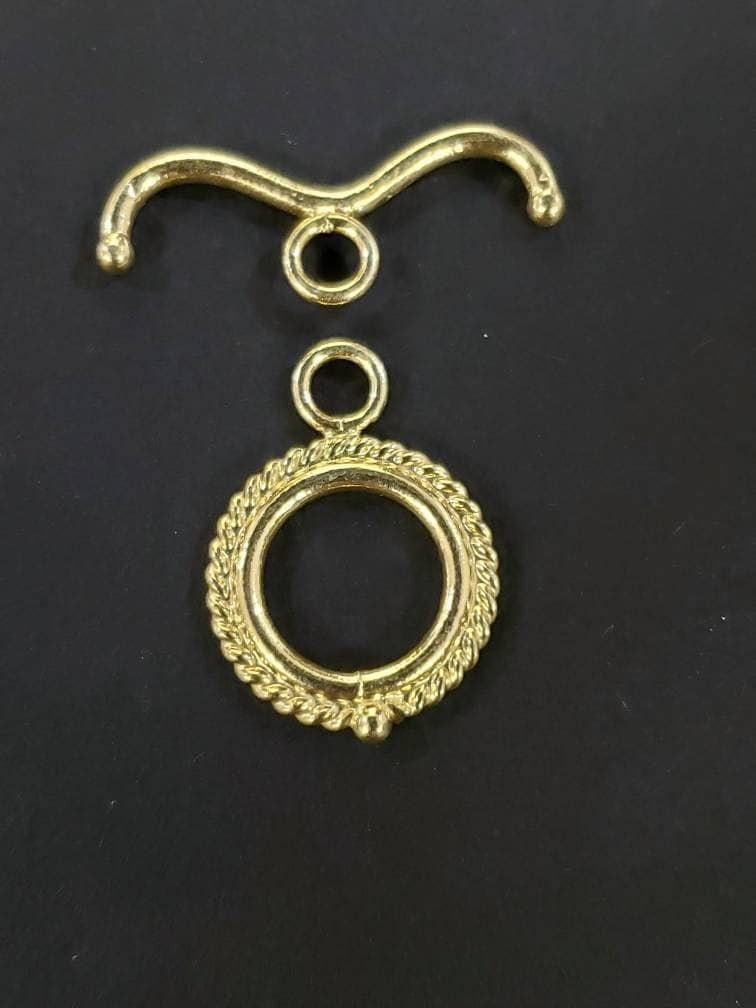 22K Gold Vermeil 925 Sterling Silver Bali fancy Toggle Clasp, 15mm circle, 26mm bar. Vintage Handmade Antique clasp, 1 set or bulk