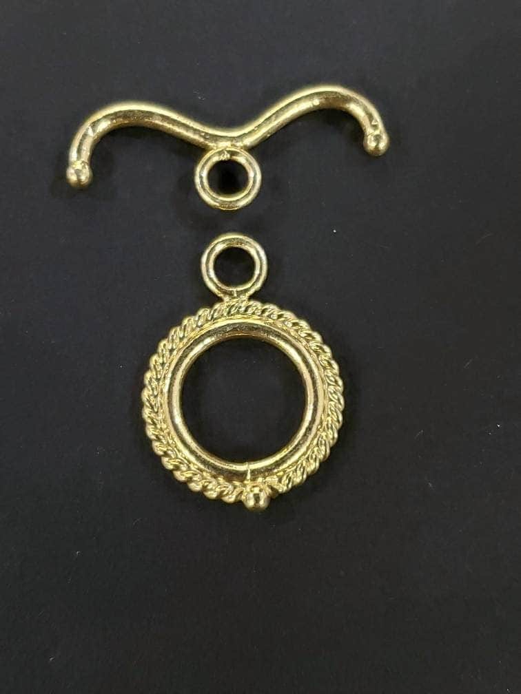 22K Gold Vermeil 925 Sterling Silver Bali fancy Toggle Clasp, 15mm circle, 26mm bar. Vintage Handmade Antique clasp, 1 set or bulk