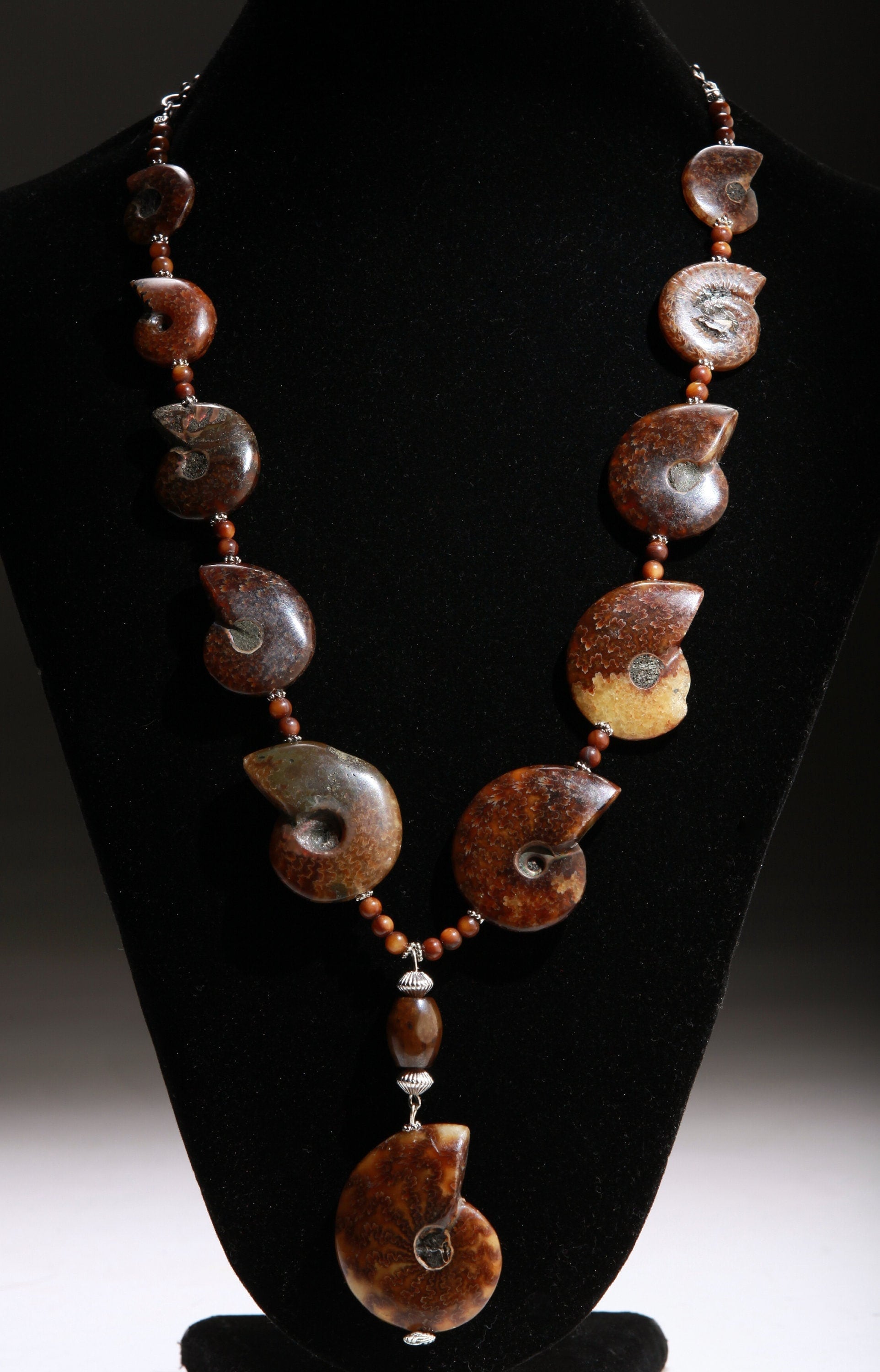 Genuine Graduated Ammonite Fossil Pendant with Soo Chow Jade Barrel, Tiger Eye Spacers, Bali Style Spacers in 22" Necklace, 4" Extension