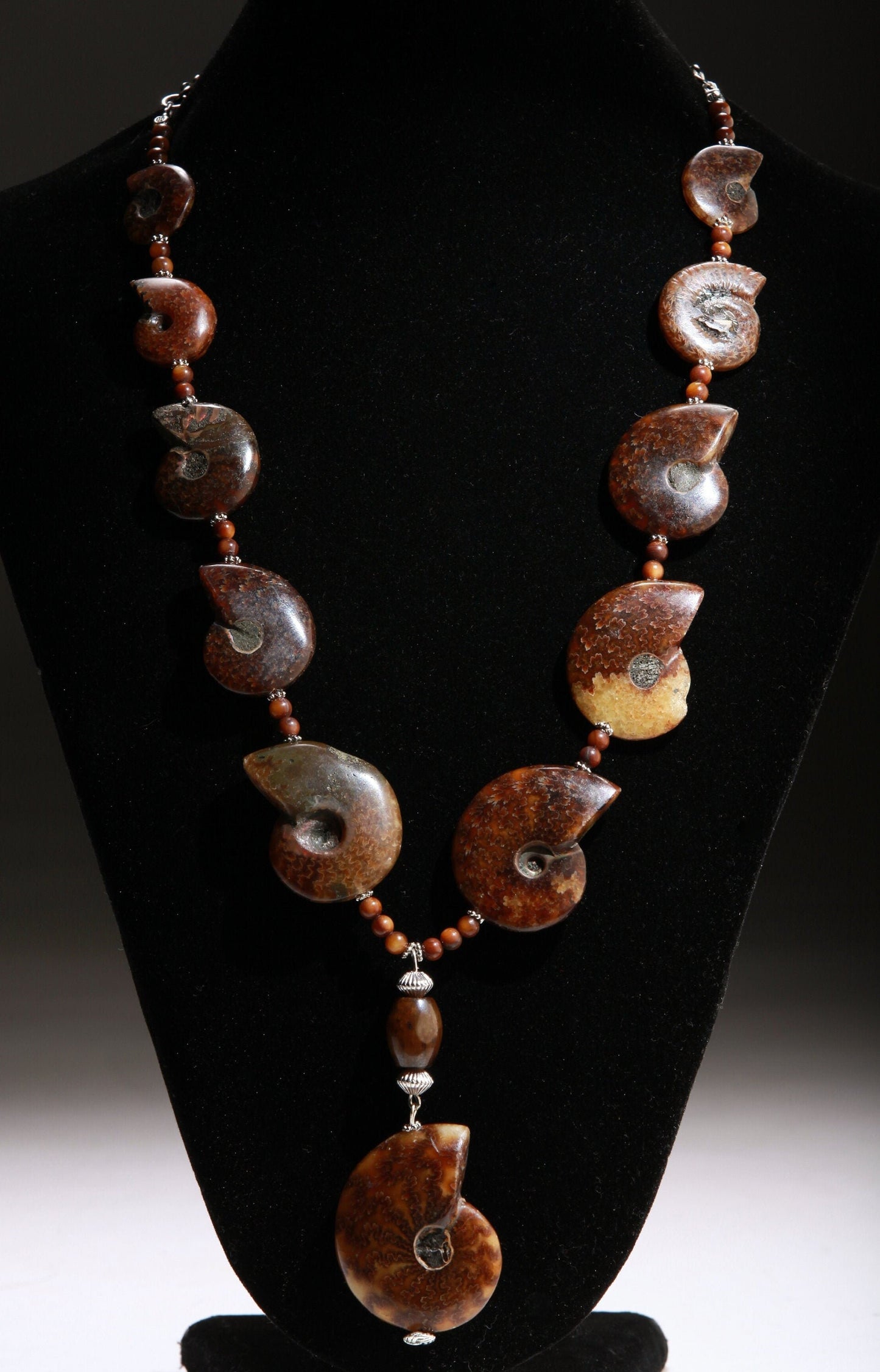 Genuine Graduated Ammonite Fossil Pendant with Soo Chow Jade Barrel, Tiger Eye Spacers, Bali Style Spacers in 22&quot; Necklace, 4&quot; Extension