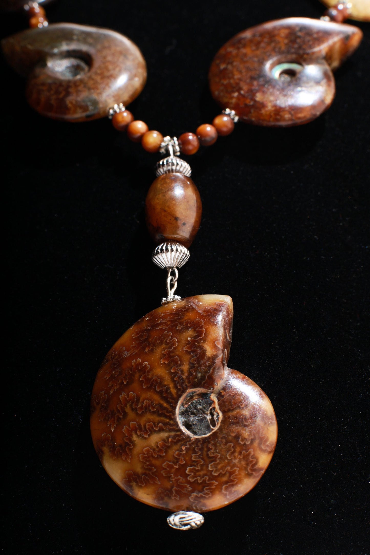 Genuine Graduated Ammonite Fossil Pendant with Soo Chow Jade Barrel, Tiger Eye Spacers, Bali Style Spacers in 22&quot; Necklace, 4&quot; Extension