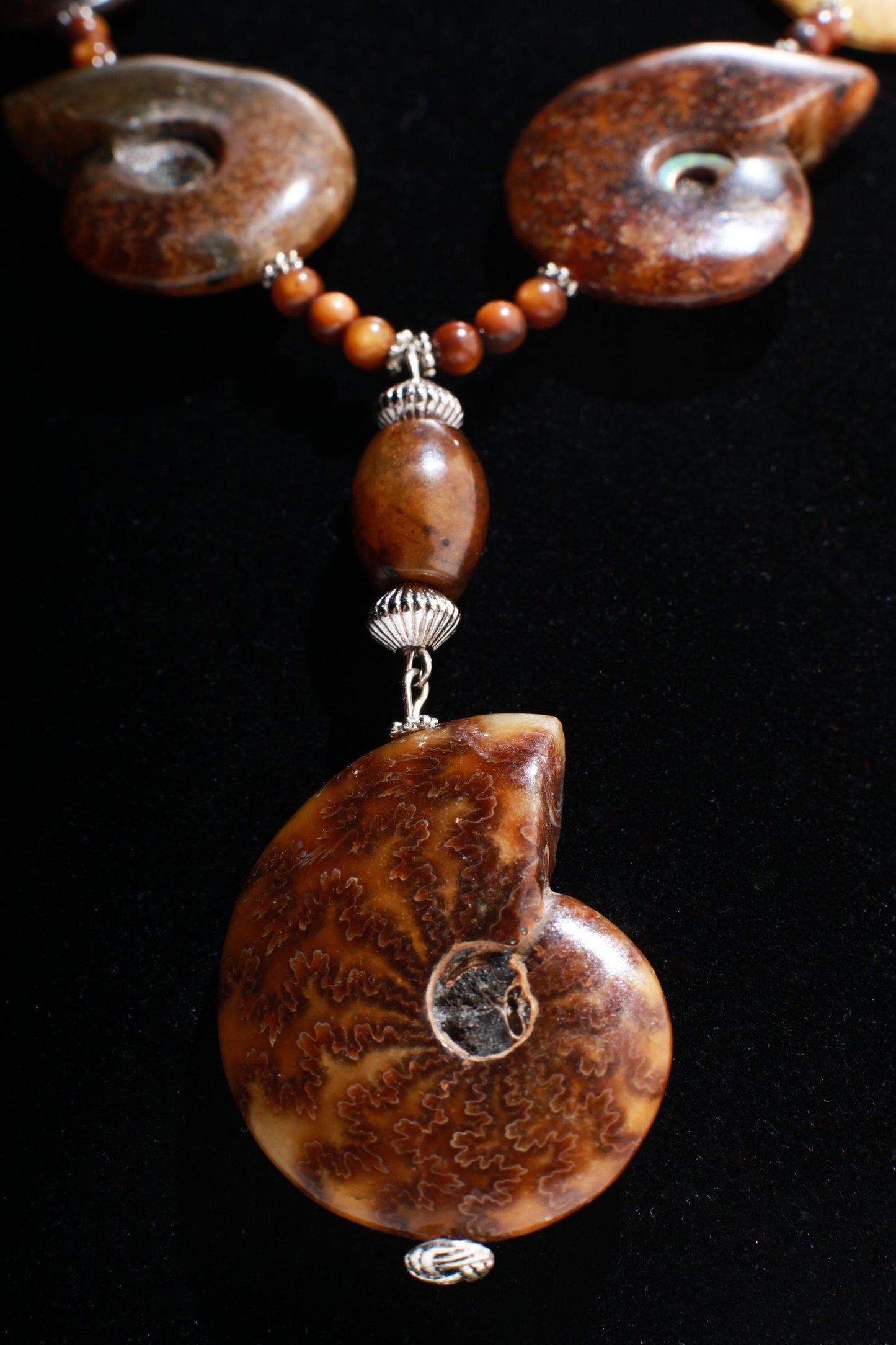 Genuine Graduated Ammonite Fossil Pendant with Soo Chow Jade Barrel, Tiger Eye Spacers, Bali Style Spacers in 22" Necklace, 4" Extension
