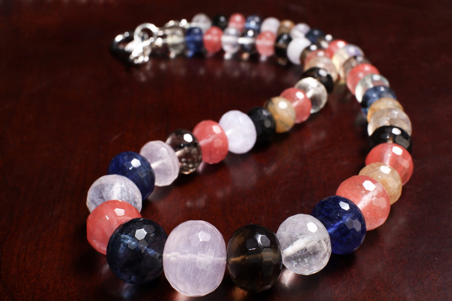 Multi Gemstone Graduated Rondel Necklace, Blueberry, Strawberry, Rutilated, Pineapple, Aqua, Smokey, Blue, Rock Crystal Quartz 20&quot; Necklace