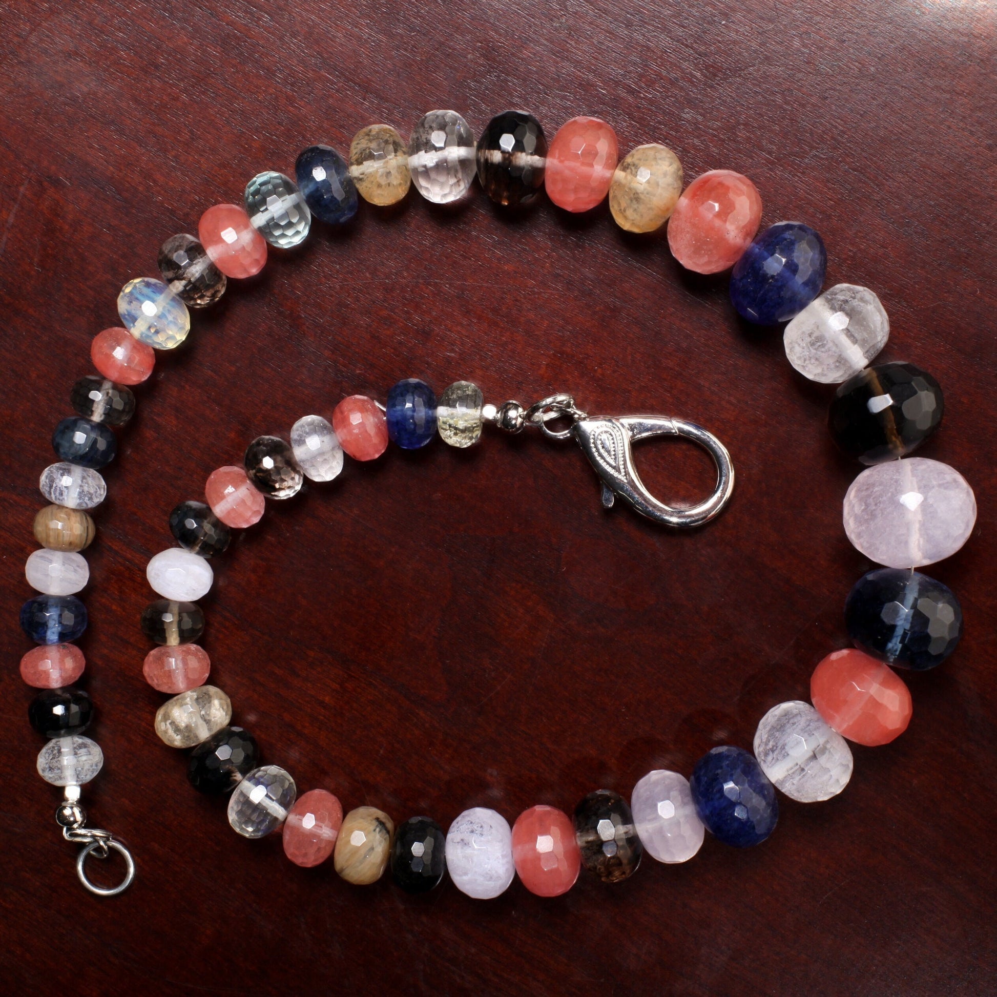 Multi Gemstone Graduated Rondel Necklace, Blueberry, Strawberry, Rutilated, Pineapple, Aqua, Smokey, Blue, Rock Crystal Quartz 20&quot; Necklace
