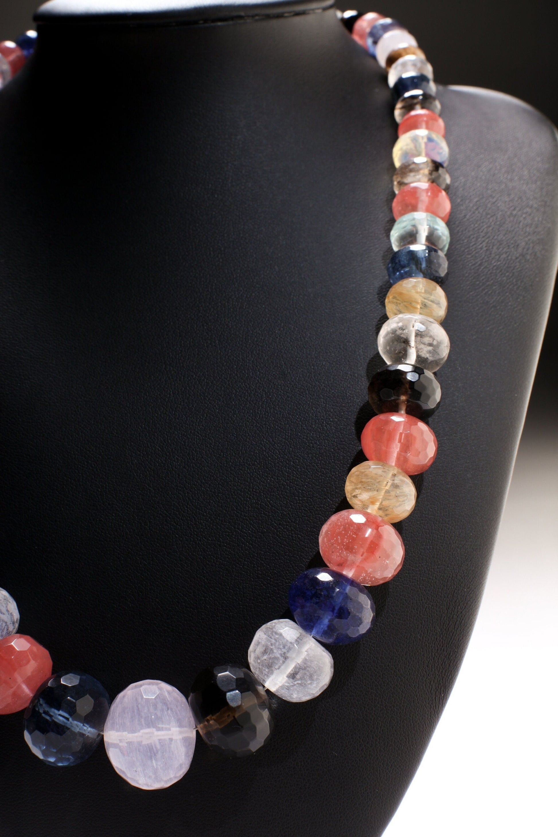Multi Gemstone Graduated Rondel Necklace, Blueberry, Strawberry, Rutilated, Pineapple, Aqua, Smokey, Blue, Rock Crystal Quartz 20&quot; Necklace