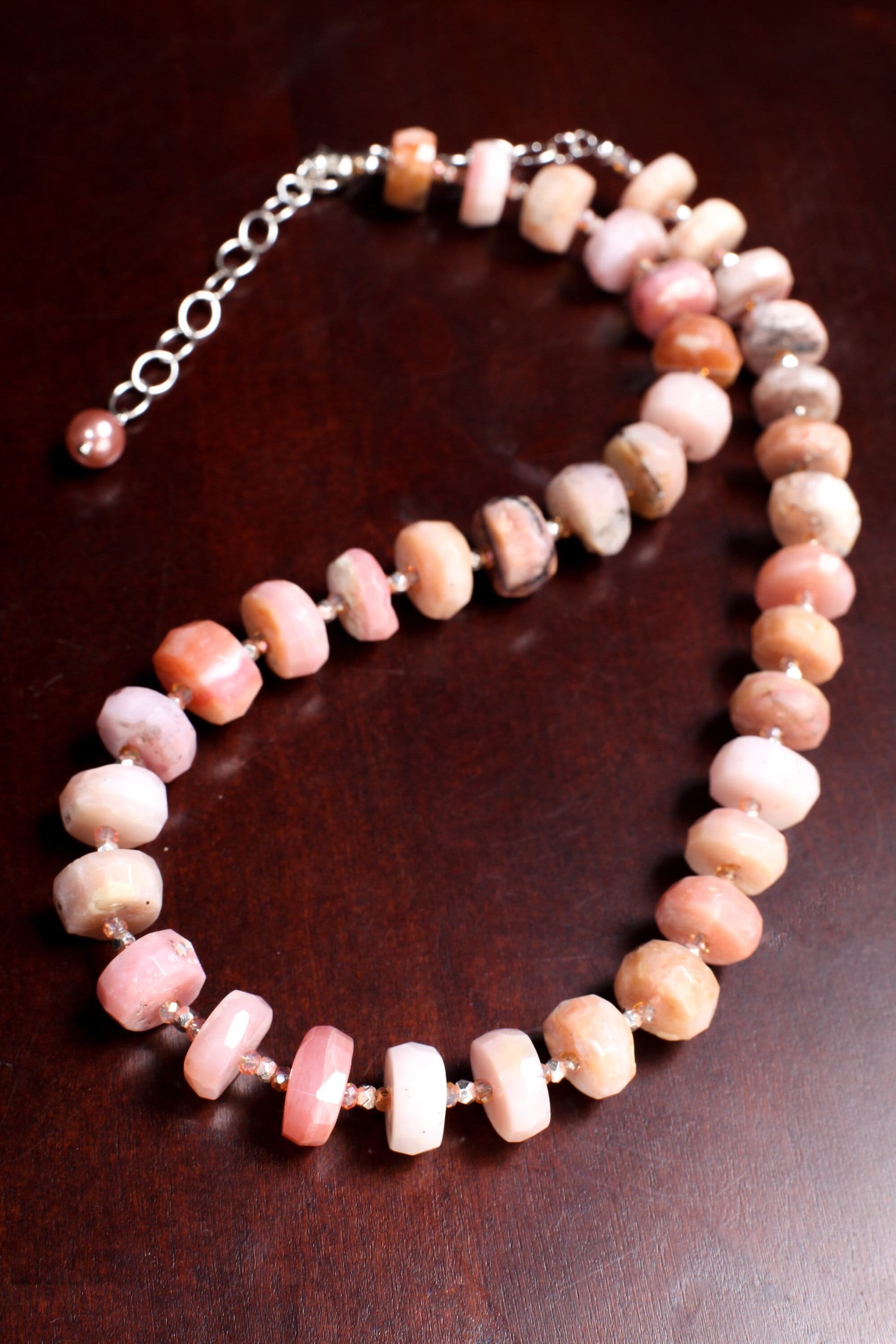 Pink Peruvian Opal Faceted Rondelle,12-14mm tyre shape Natural Gemstone in 925 Sterling Silver 19.5&quot; Necklace and 2&quot; Extension Chain