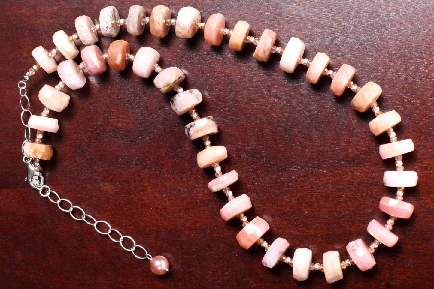 Pink Peruvian Opal Faceted Rondelle,12-14mm tyre shape Natural Gemstone in 925 Sterling Silver 19.5" Necklace and 2" Extension Chain