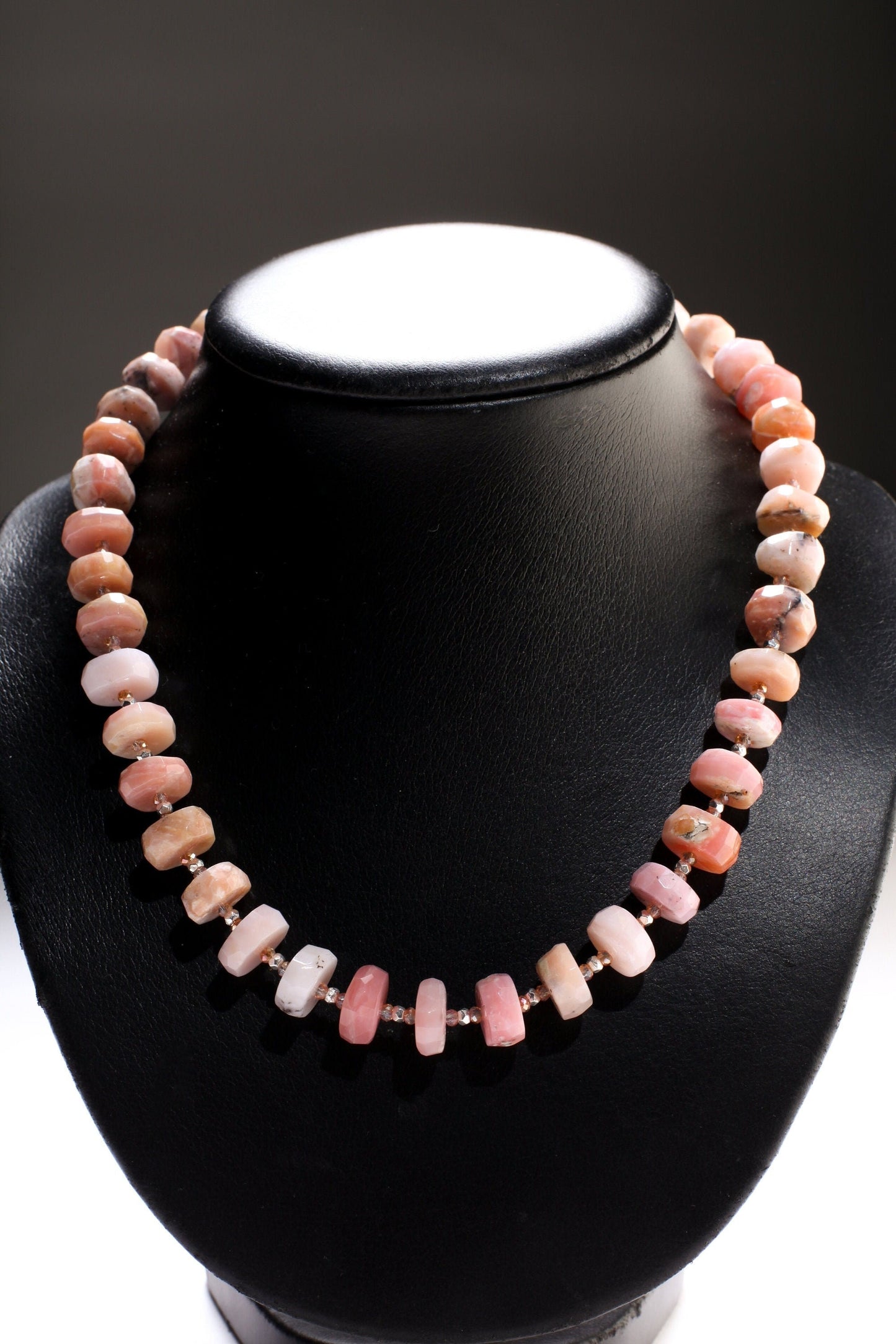 Pink Peruvian Opal Faceted Rondelle,12-14mm tyre shape Natural Gemstone in 925 Sterling Silver 19.5" Necklace and 2" Extension Chain