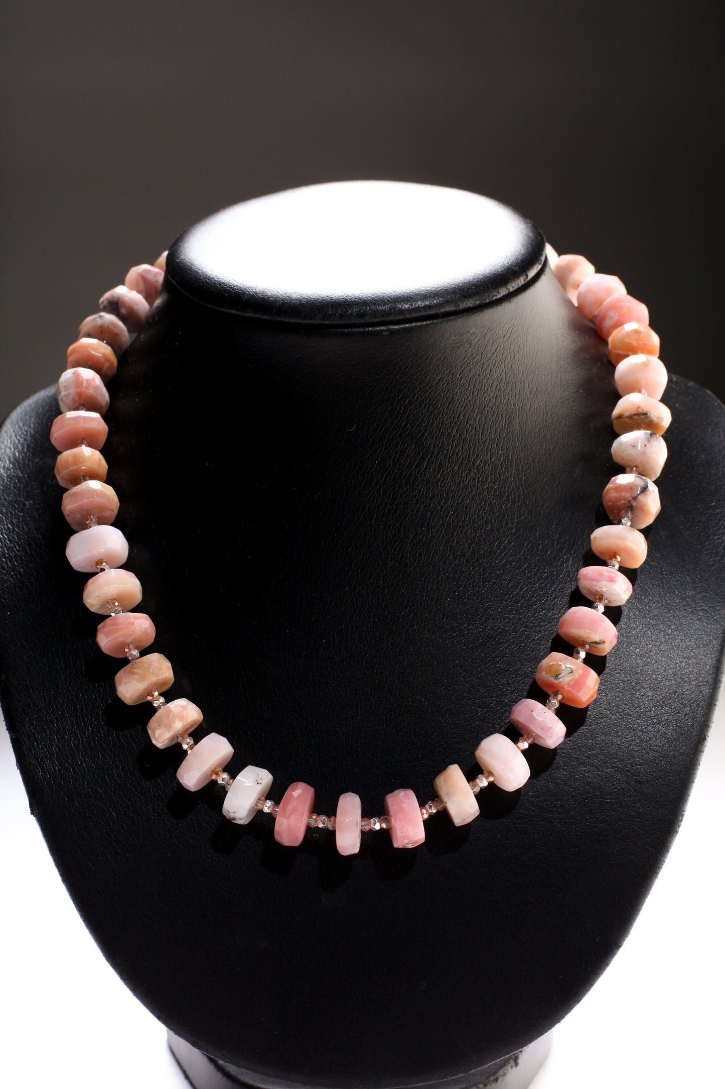 Pink Peruvian Opal Faceted Rondelle,12-14mm tyre shape Natural Gemstone in 925 Sterling Silver 19.5&quot; Necklace and 2&quot; Extension Chain