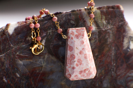 Opal Faceted Trapezoid Gemstone Pendant with Pink Rhodonite Wire Wrapped Gold Chain 20" long Necklace, Natural Gemstone Gift