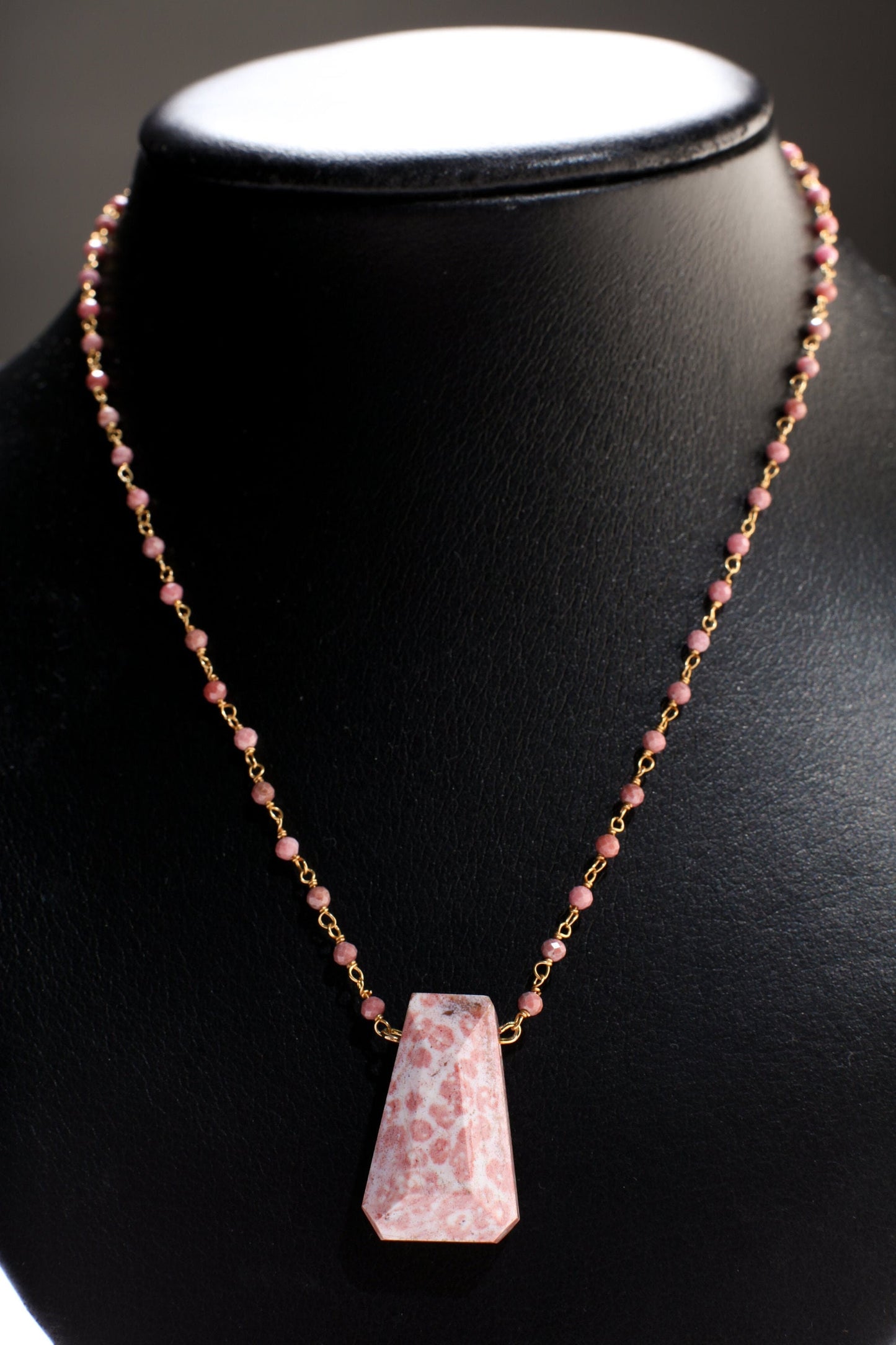 Opal Faceted Trapezoid Gemstone Pendant with Pink Rhodonite Wire Wrapped Gold Chain 20" long Necklace, Natural Gemstone Gift