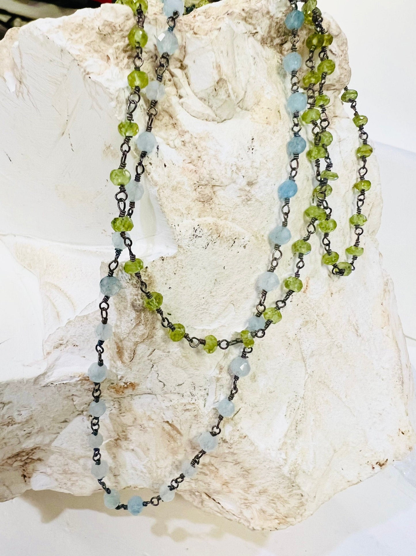 Aquamarine, Peridot 3mm Faceted Wire Wrapped Oxidized Silver Rosary Chain Handmade Necklace, Choker, Layering 14&quot;-36&quot;