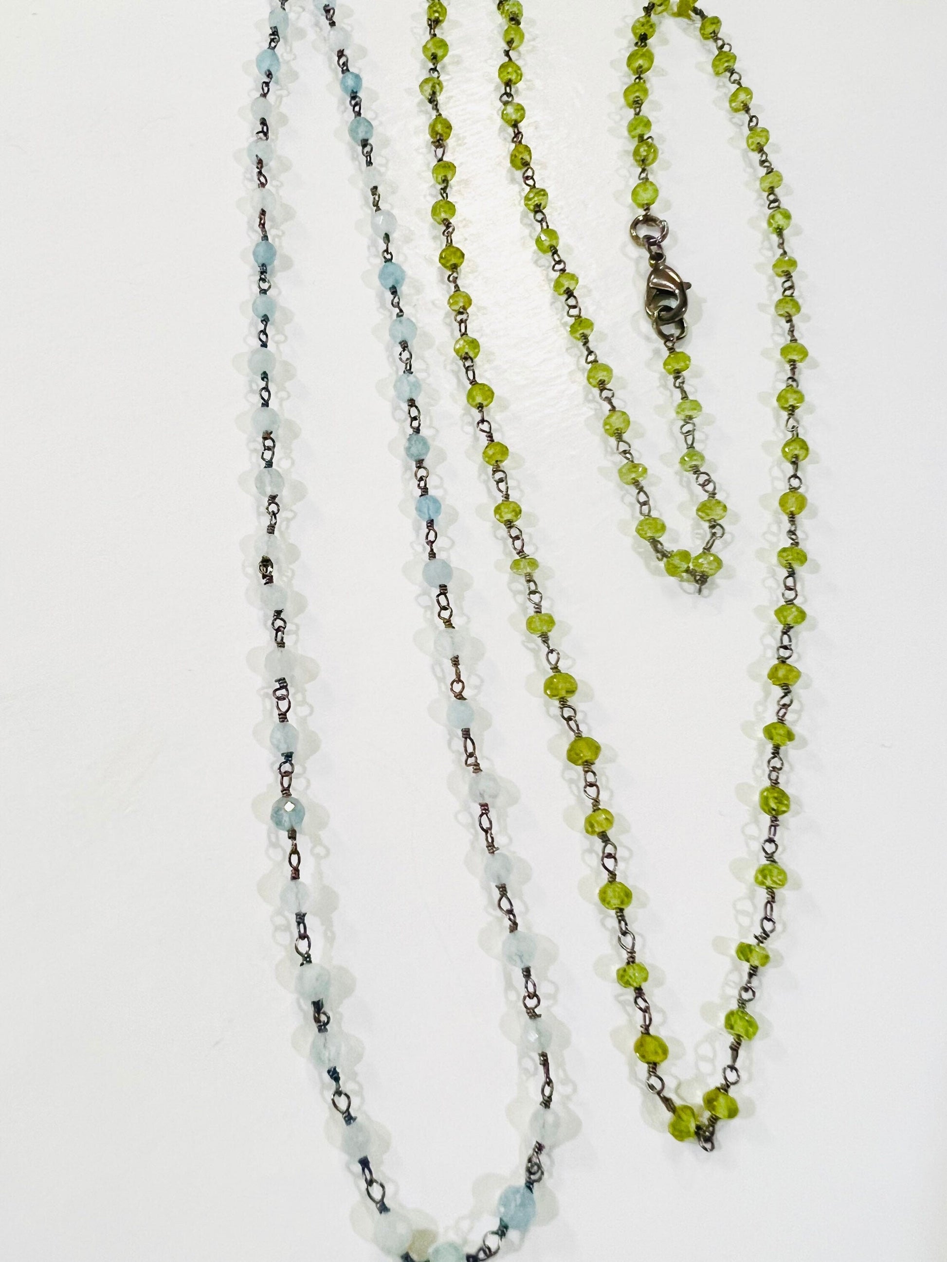 Aquamarine, Peridot 3mm Faceted Wire Wrapped Oxidized Silver Rosary Chain Handmade Necklace, Choker, Layering 14&quot;-36&quot;