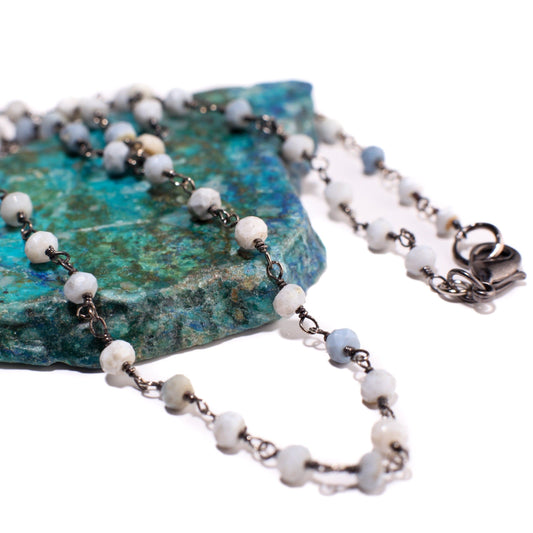 Peruvian Blue Opal, Andean opal, Silver Oxidized Faceted Natural opal 3-4mm Chain High Quality Layering ,Choker Finished Necklace with Clasp