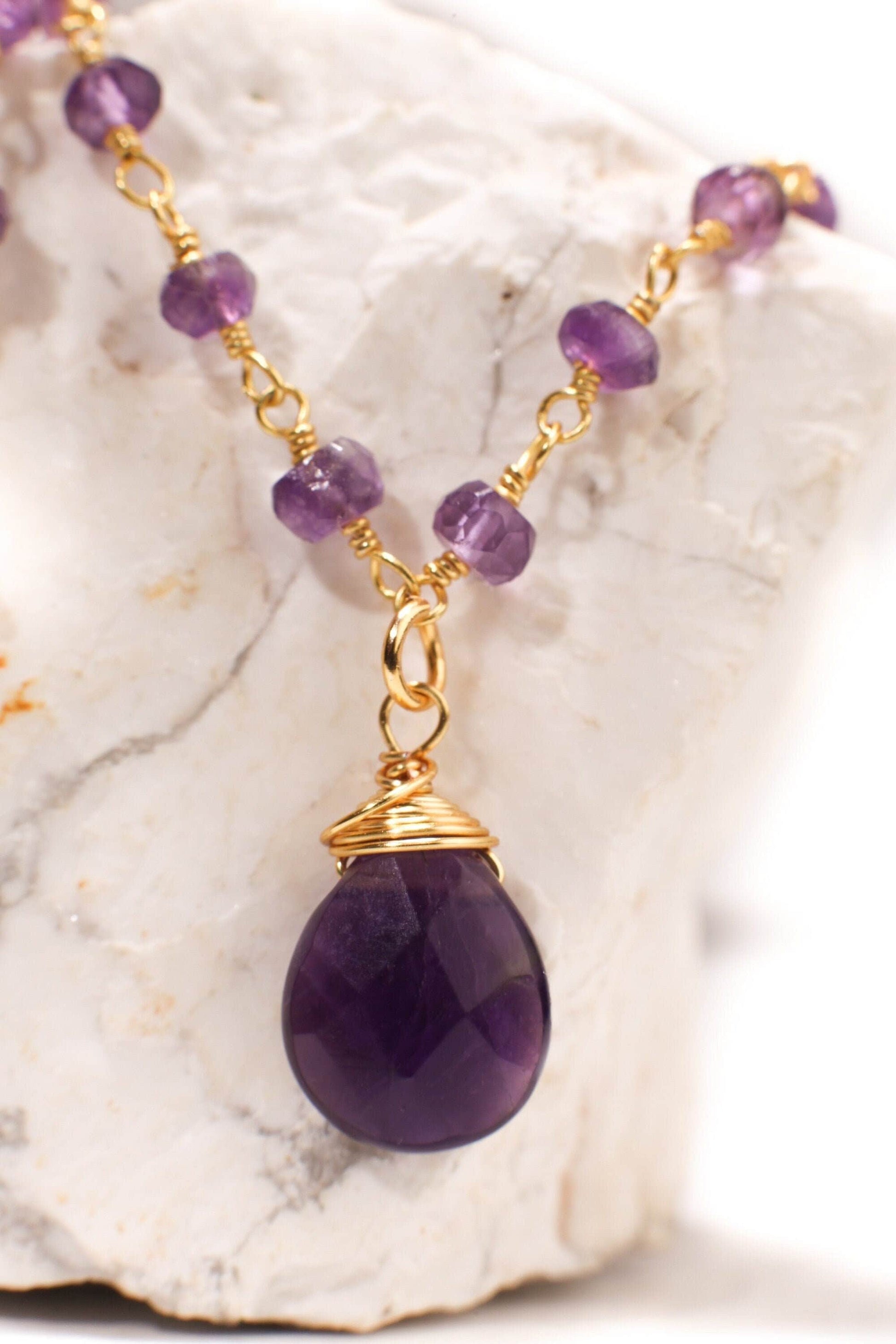 Natural Brazilian Amethyst Faceted Wire Wrapped Pear Drop Pendant Necklace with Amethyst Beaded Chain 16&quot;to 24&quot; Necklace, Gift