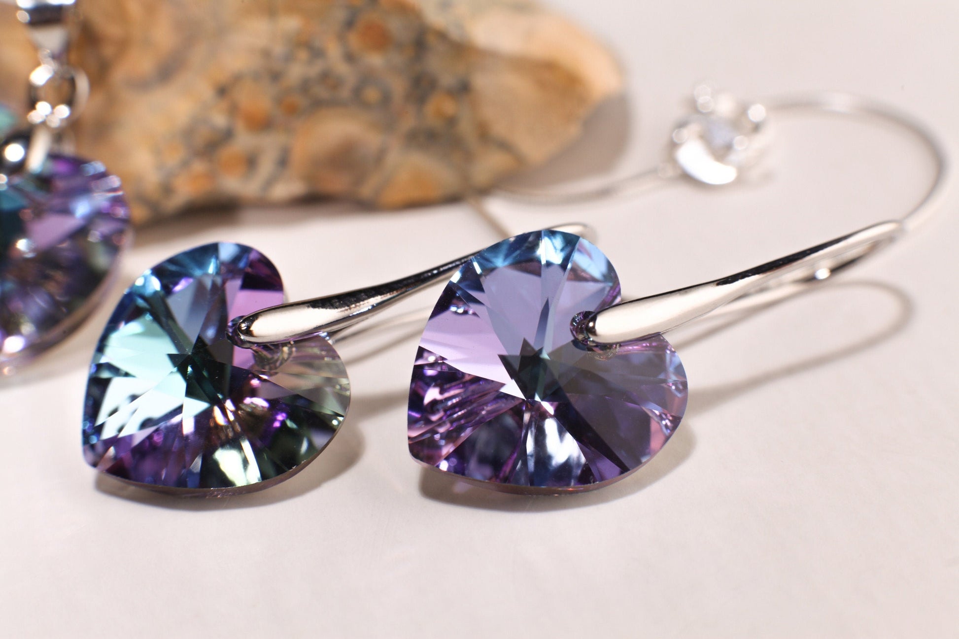 Swarovski Crystal Purple AB Rainbow 14mm Heart rhodium silver Earrings, Valentines girlfriend Gift