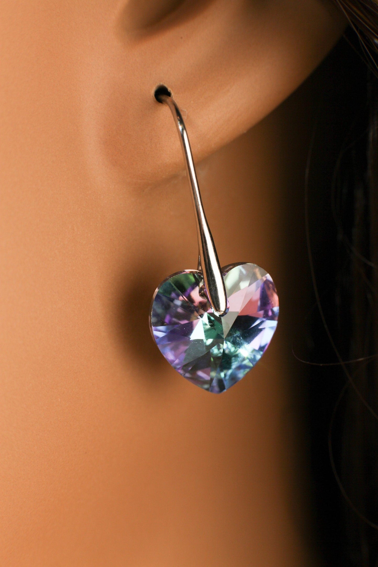 Swarovski Crystal Purple AB Rainbow 14mm Heart rhodium silver Earrings, Valentines girlfriend Gift