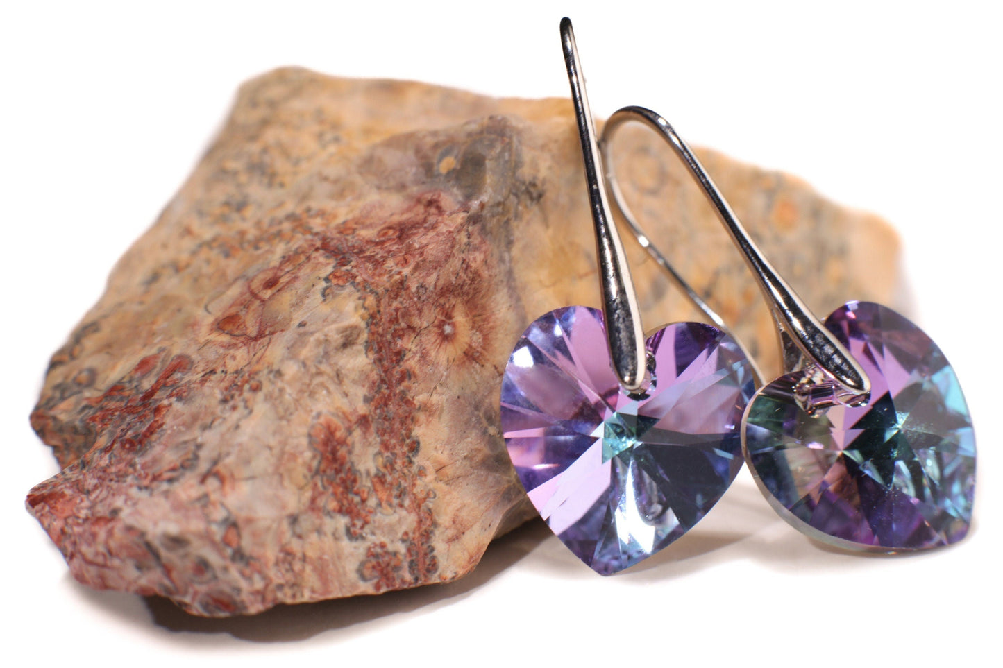 Swarovski Crystal Purple AB Rainbow 14mm Heart rhodium silver Earrings, Valentines girlfriend Gift