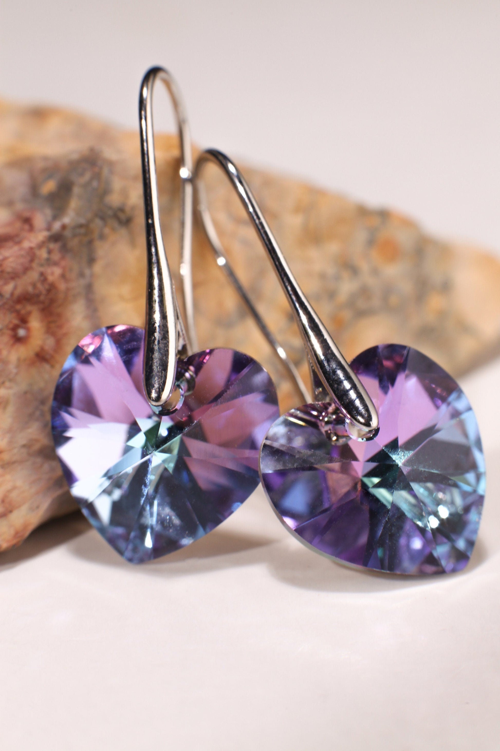 Swarovski Crystal Purple AB Rainbow 14mm Heart rhodium silver Earrings, Valentines girlfriend Gift