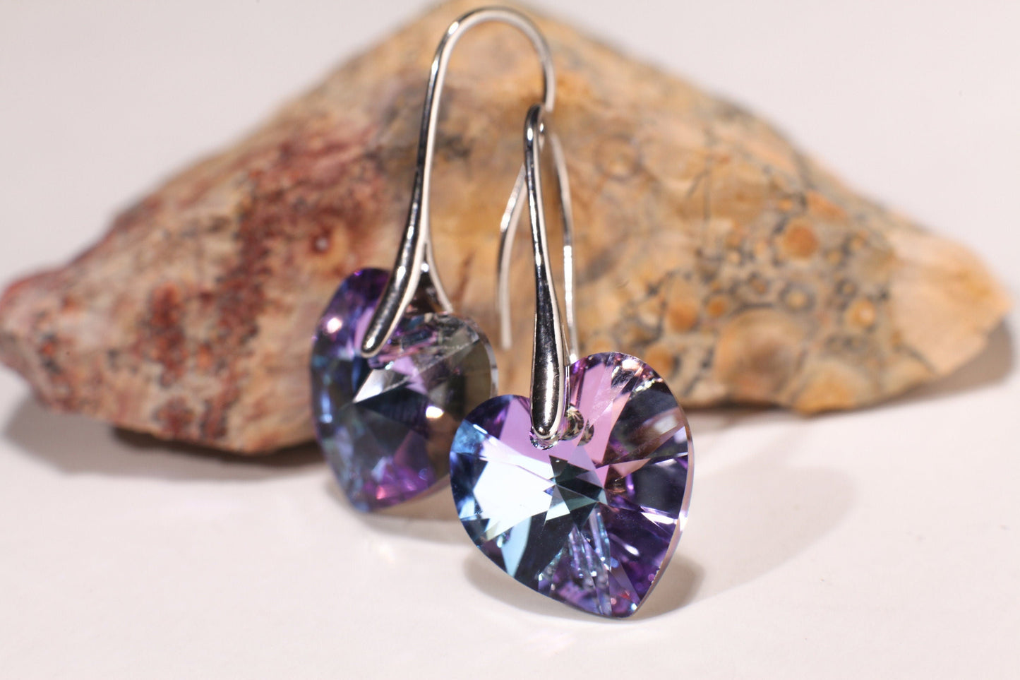 Swarovski Crystal Purple AB Rainbow 14mm Heart rhodium silver Earrings, Valentines girlfriend Gift