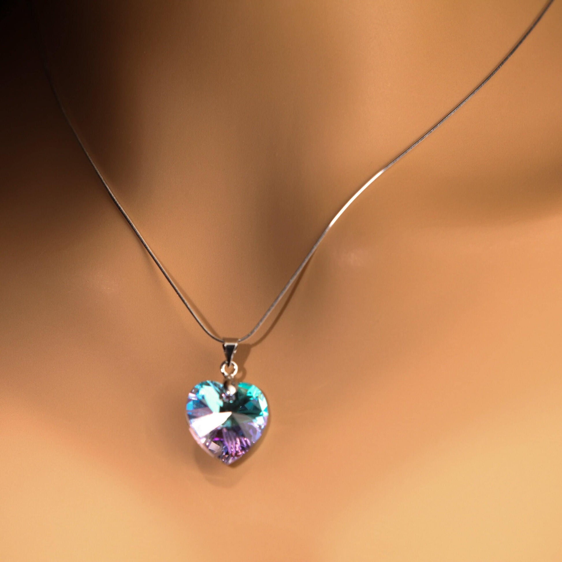 Swarovski Crystal Purple AB Rainbow 18mm Heart Pendant with 925 Sterling Silver Italian Chain, Valentine Gift