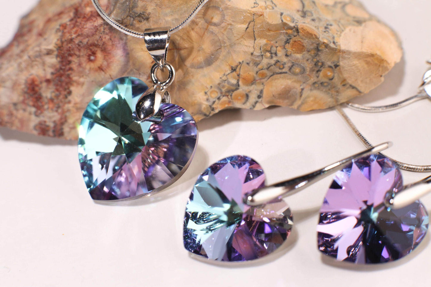 Swarovski Crystal Purple AB Rainbow 18mm Heart Pendant with 925 Sterling Silver Italian Chain, Valentine Gift
