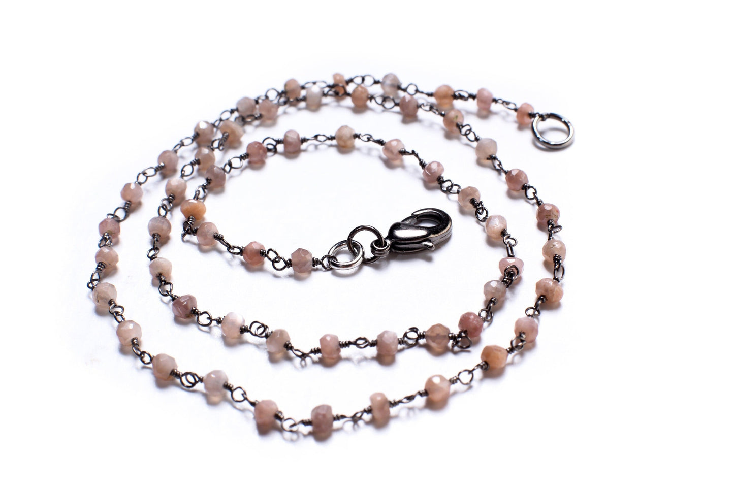 Chocolate Moonstone Silver Oxidized Finished Beaded Wire Wrapped Chain handmade Necklace, gift